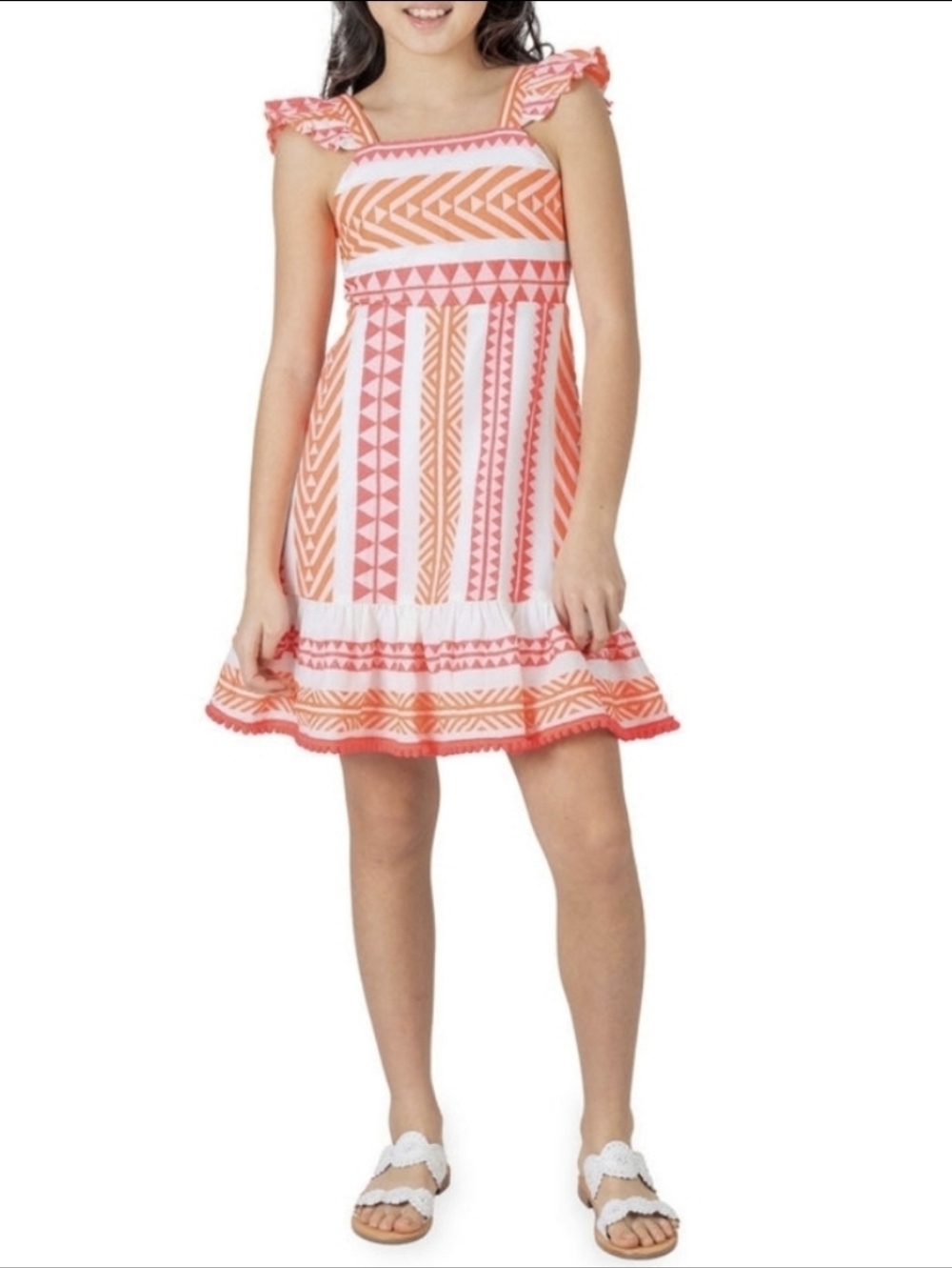 Rare Editions Girls Flutter Sleeve Pink/Orange/White Printed Jaquard Mini Dress